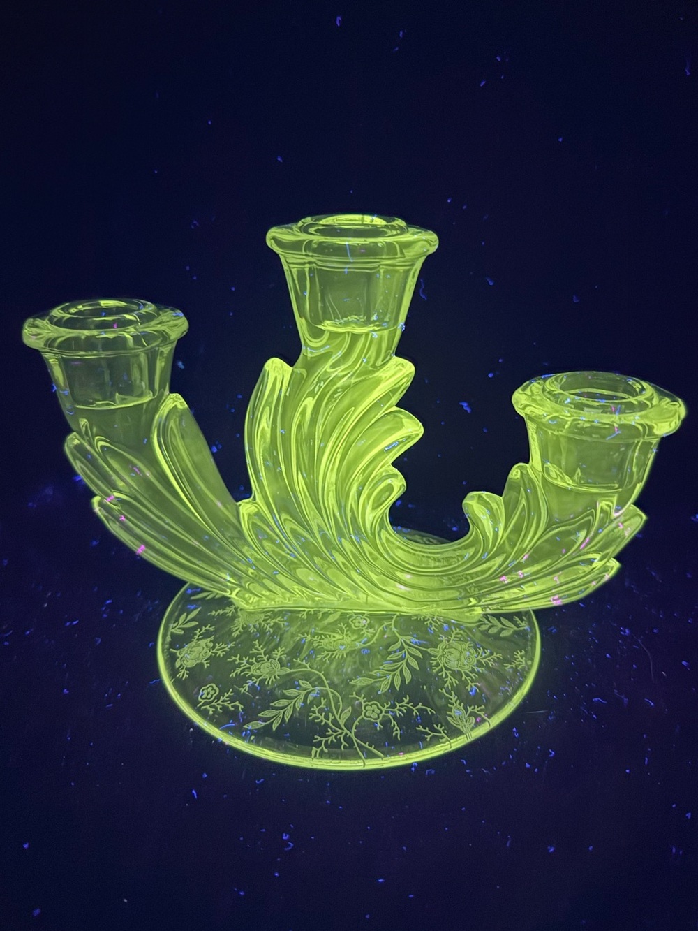 UV Reactive Fostoria BAROQUE Clear GLASS CANDLESTICK Holder Triple Candelabra